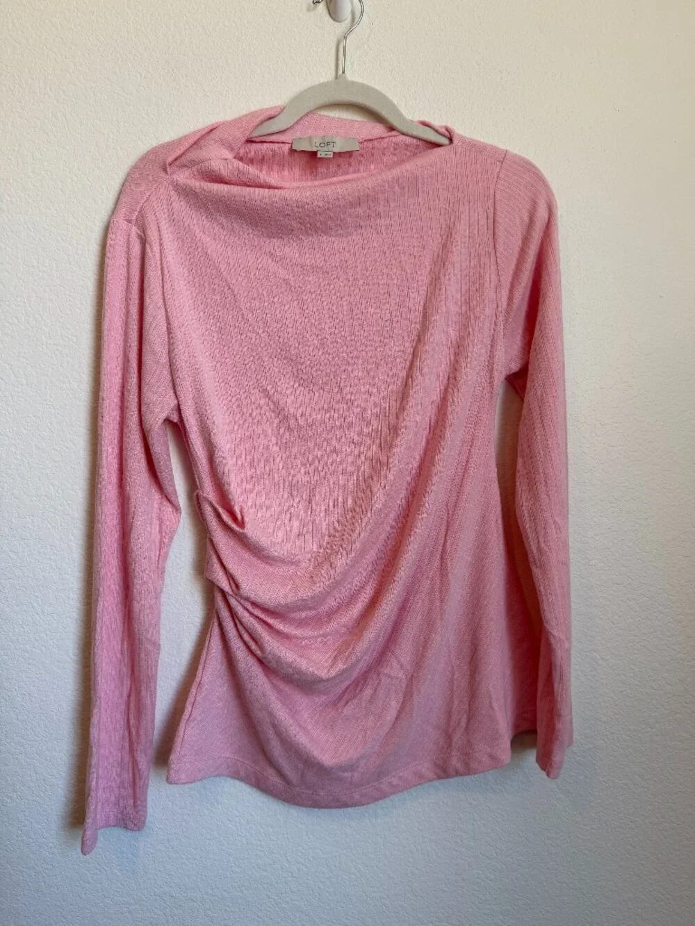 LOFT Cozy Ribbed Asymmetric Neck Top Pink Salt Size Large